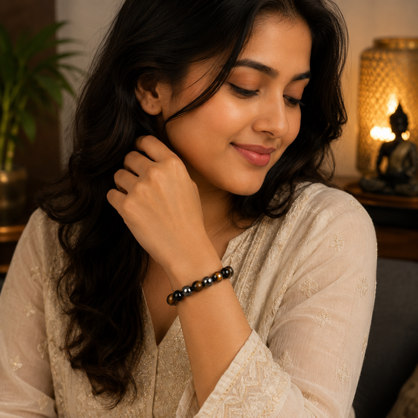 Woman wearing triple protection bracelet and adjusting her hair in a warm, indoor setting with a lamp and plant in the background.