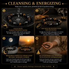 Instructions for cleansing and energizing crystals with triple protection bracelet, including water, sage, moonlight, and meditation.