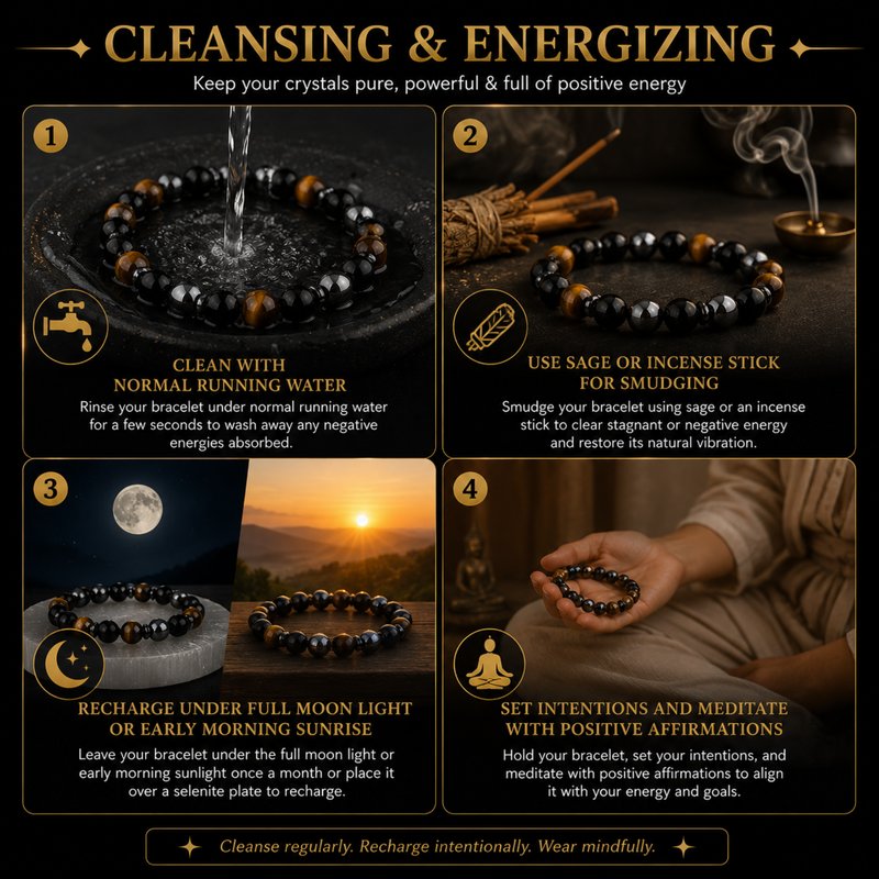 Instructions for cleansing and energizing crystals with triple protection bracelet, including water, sage, moonlight, and meditation.