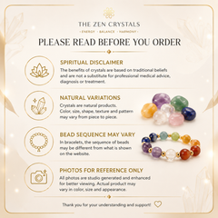 An informational graphic from The Zen Crystals with text warning buyers about spiritual disclaimer, natural variations, bead sequence variability, and noting that photos are for reference only. It includes a small product photo of a multicolored beaded bracelet on the right side.