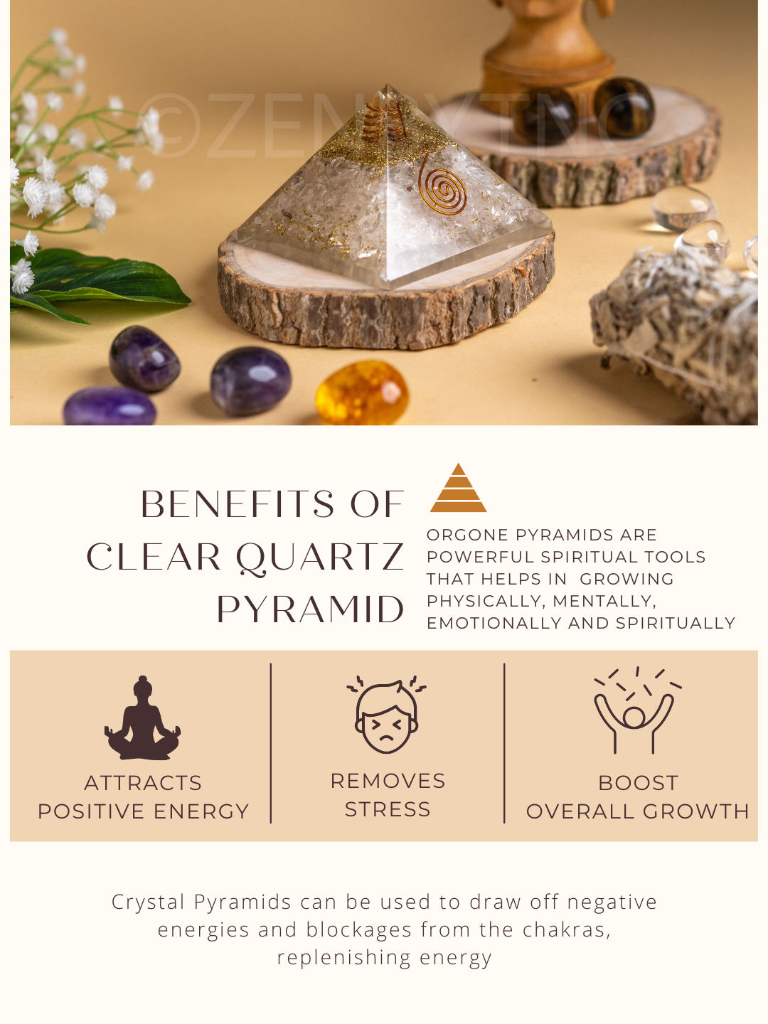 Zen Clear Quartz Orgonite Pyramid For Calmness & Clarity of Mind The Zen Crystals